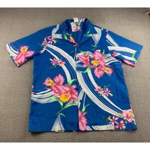 Vintage Hilo Hattie Shirt Men L Blue Pink Orchid Floral Button Down Hawaiian